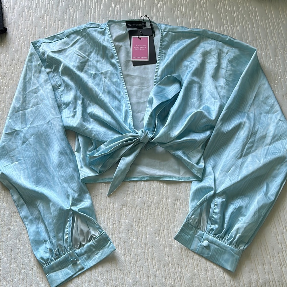 Prettylittlething Printed Satin Tie Front Blouse
